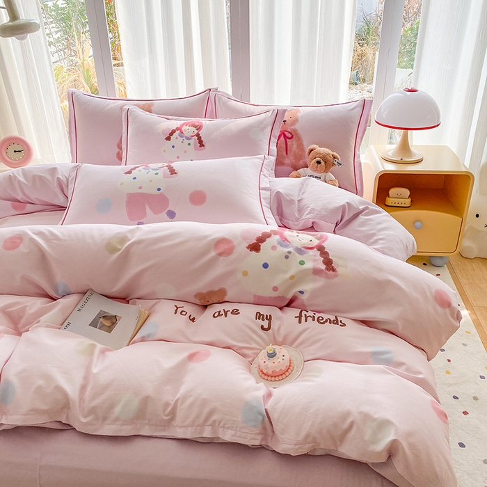 91家纺网 家纺一手货源 找家纺 眷恋家纺 2026新款全棉小清新铂金棉13376卡通三件套四件套 小不点-粉