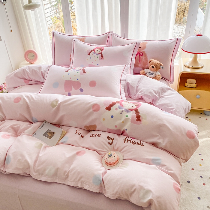 91家纺网 家纺一手货源 找家纺 眷恋家纺 2026新款全棉小清新铂金棉13376卡通三件套四件套 小不点-粉