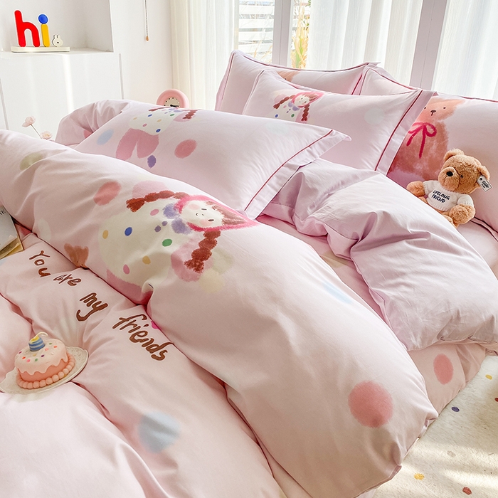 91家纺网 家纺一手货源 找家纺 眷恋家纺 2026新款全棉小清新铂金棉13376卡通三件套四件套 小不点-粉