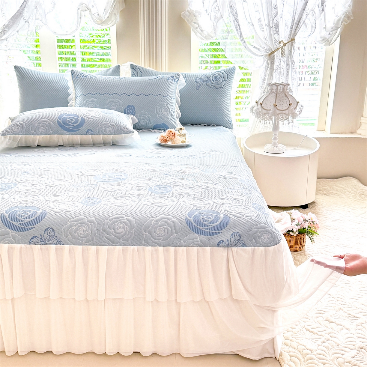 91家纺网 家纺一手货源 找家纺 （总）优贝家纺 2026新款A类凉感豆豆席三件套床裙款软席子