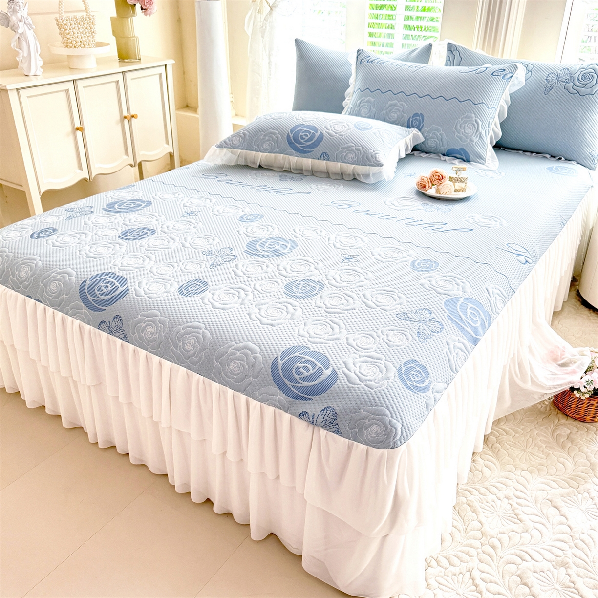 91家纺网 家纺一手货源 找家纺 （总）优贝家纺 2026新款A类凉感豆豆席三件套床裙款软席子