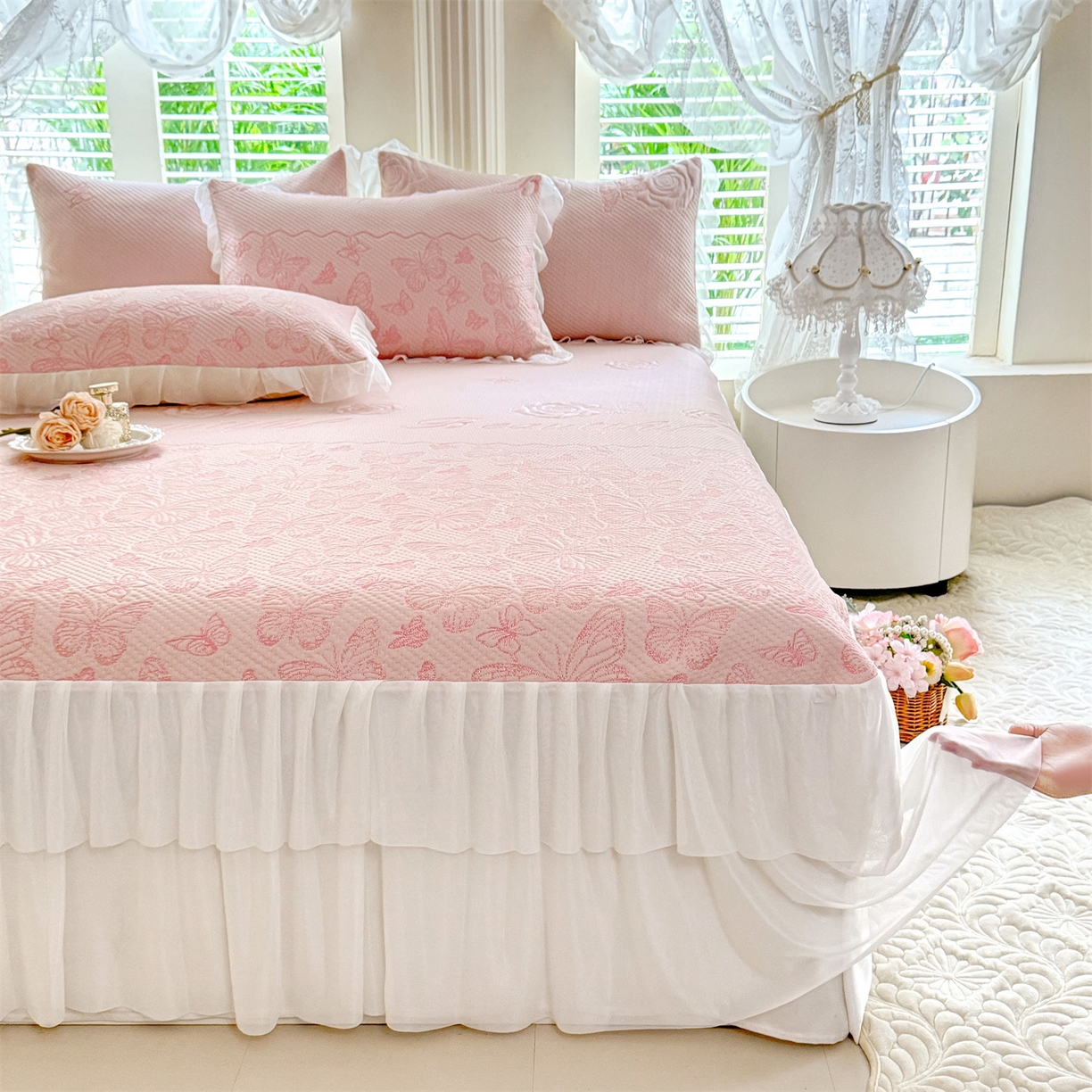 91家纺网 家纺一手货源 找家纺 优贝家纺 2026新款A类凉感豆豆席三件套床裙款软席子 蝶舞-粉玉