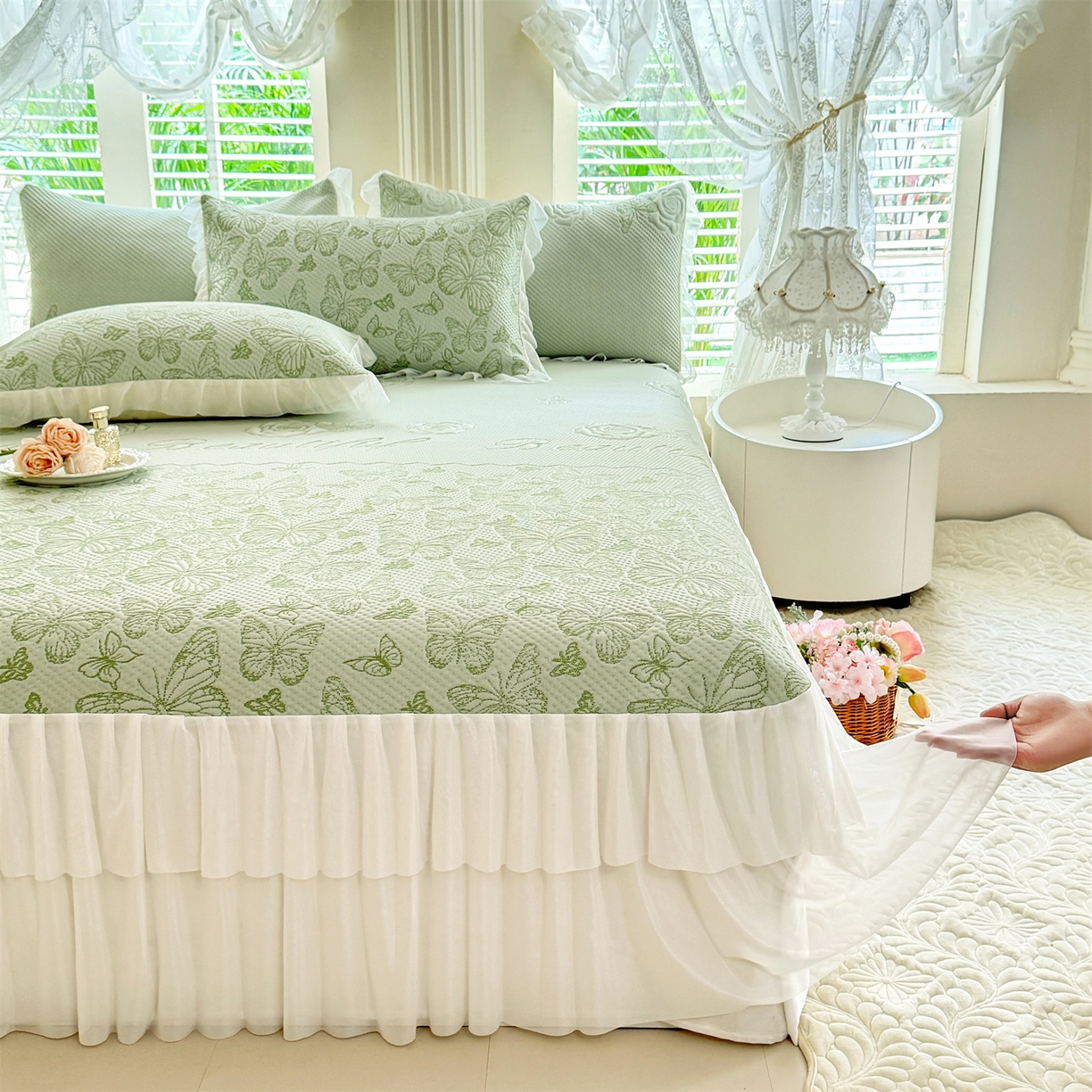 91家纺网 家纺一手货源 找家纺 优贝家纺 2026新款A类凉感豆豆席三件套床裙款软席子 蝶舞-清新绿