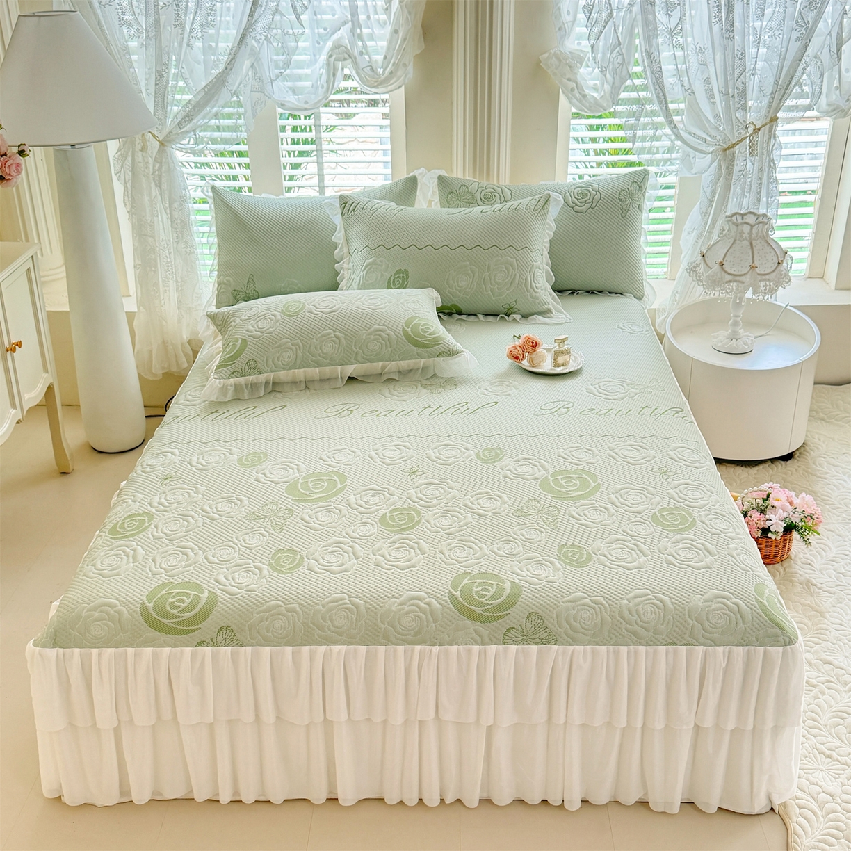 91家纺网 家纺一手货源 找家纺 优贝家纺 2026新款A类凉感豆豆席三件套床裙款软席子 花韵-清新绿