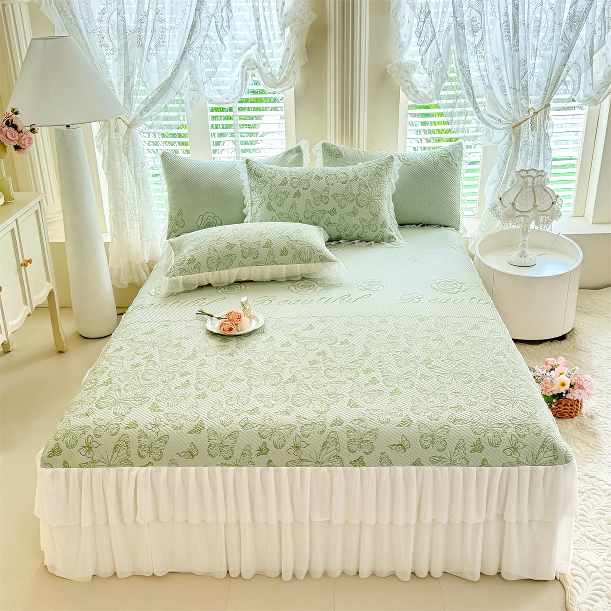 91家纺网 家纺一手货源 找家纺 优贝家纺 2026新款A类凉感豆豆席三件套床裙款软席子 蝶舞-清新绿