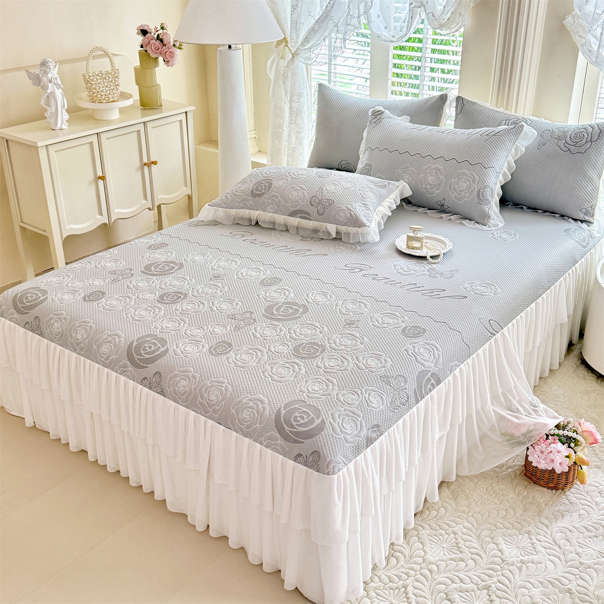 优贝家纺 2026新款A类凉感豆豆席三件套床裙款软席子 花韵-山灰