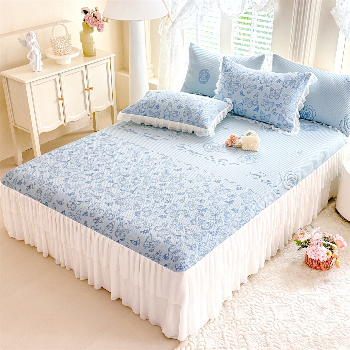 91家纺网 家纺一手货源 找家纺 优贝家纺 2026新款A类凉感豆豆席三件套床裙款软席子 蝶舞-天蓝