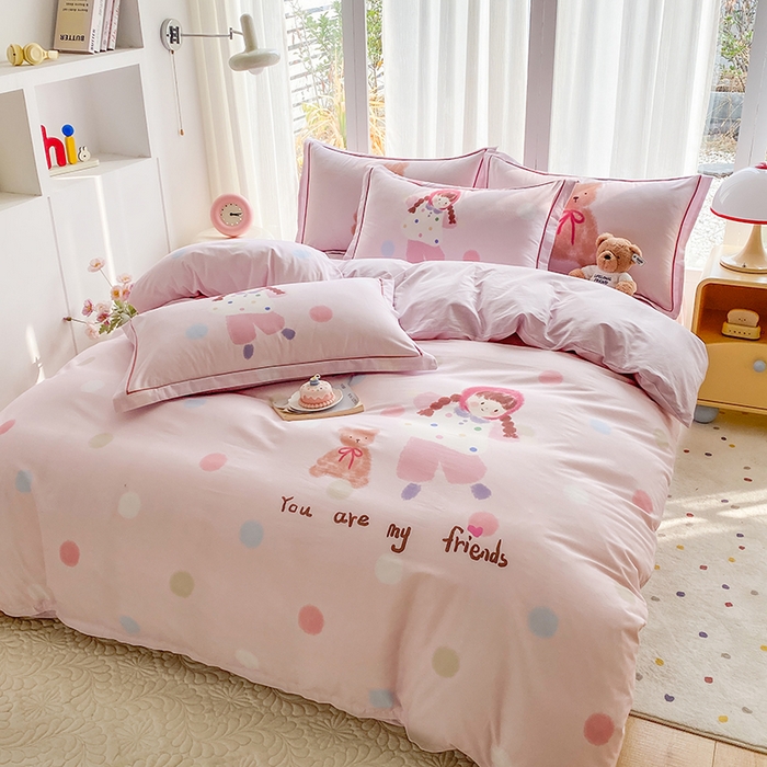 91家纺网 家纺一手货源 找家纺 眷恋家纺 2026新款全棉小清新铂金棉13376卡通三件套四件套 小不点-粉