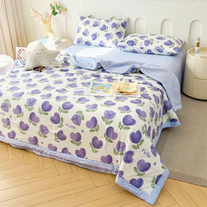 91家纺网 家纺一手货源 找家纺 爱屋及屋 2026新款小清新水洗棉棉花夏被夏凉被空调被 紫色郁金香