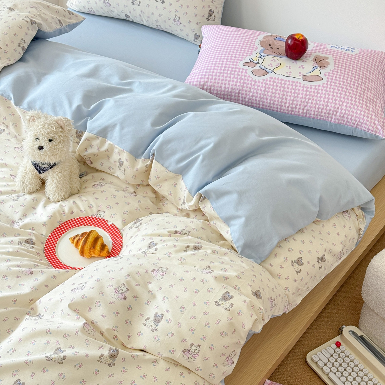 91家纺网 家纺一手货源 找家纺 RYB红黄兰 2026新款ins风全棉卡通纯棉三件套四件套 花园马尔济斯