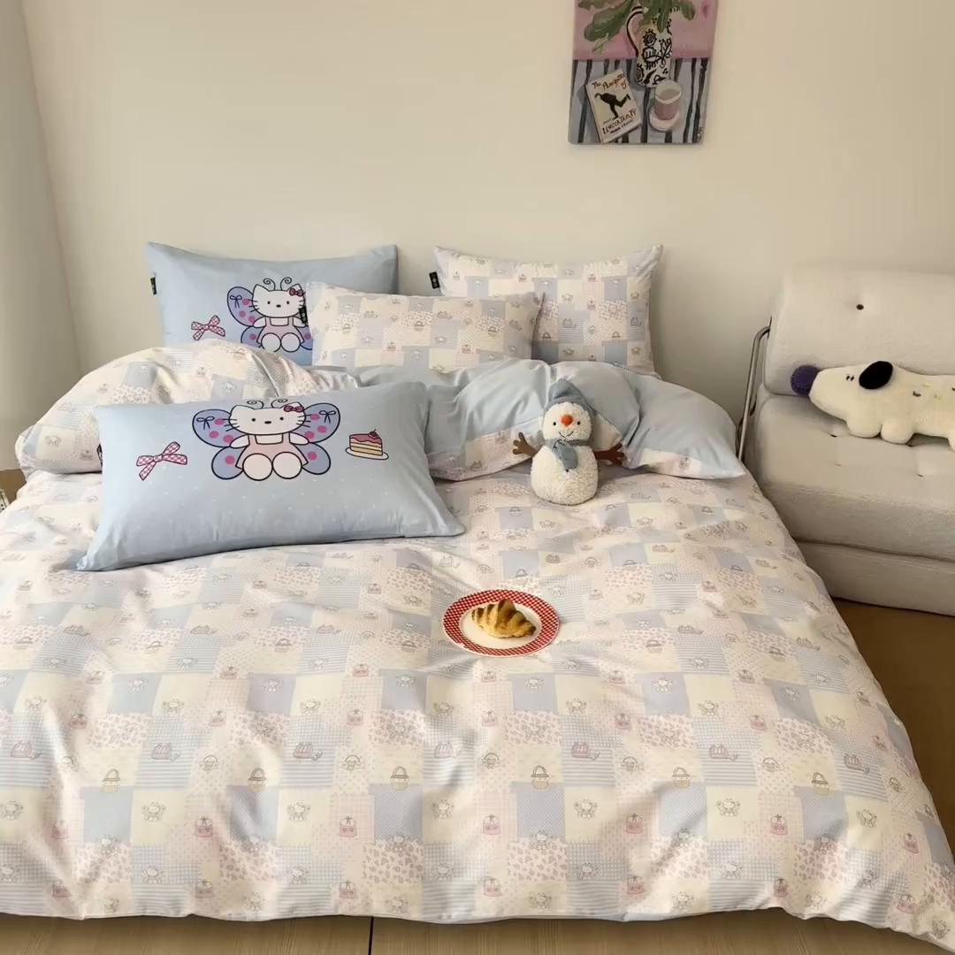 91家纺网 家纺一手货源 找家纺 RYB红黄兰 2026新款ins风全棉卡通纯棉三件套四件套 蝴蝶喵喵