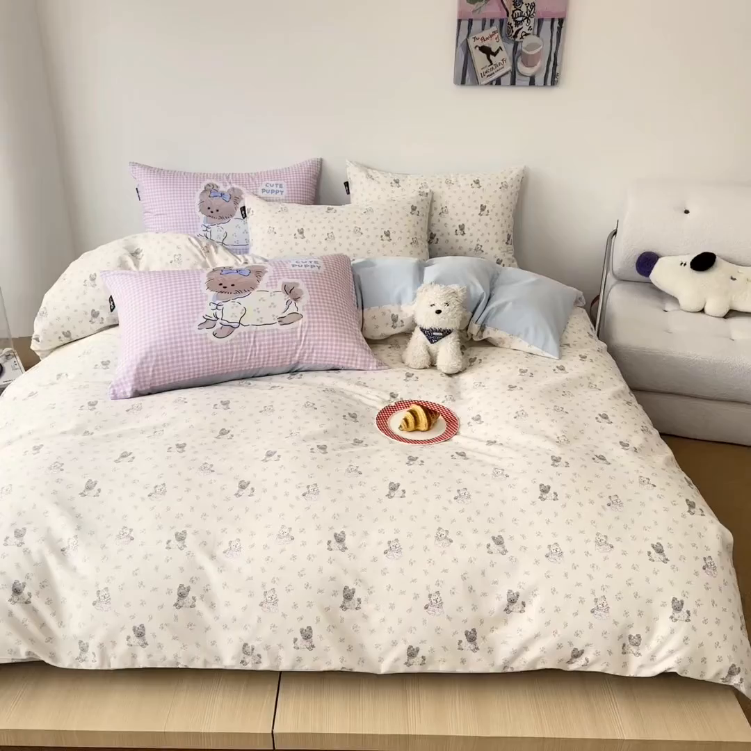 91家纺网 家纺一手货源 找家纺 RYB红黄兰 2026新款ins风全棉卡通纯棉三件套四件套 花园马尔济斯