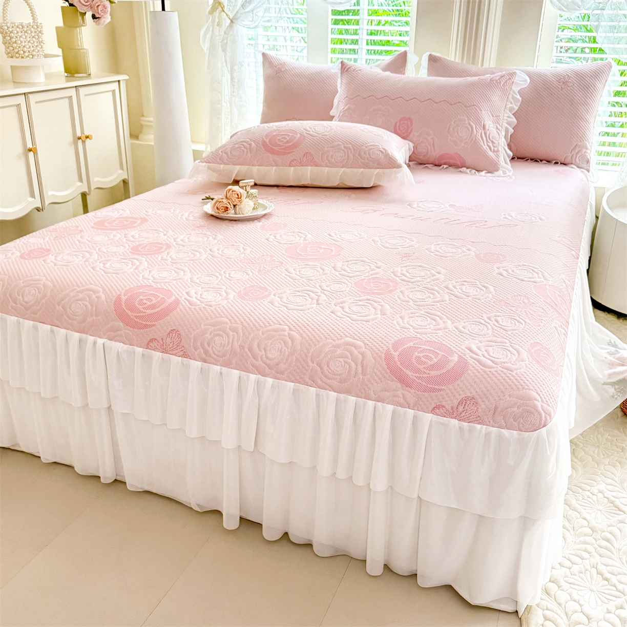 绒棉世家 2026新款A类凉感豆豆席三件套床裙款软席子 花韵-粉玉