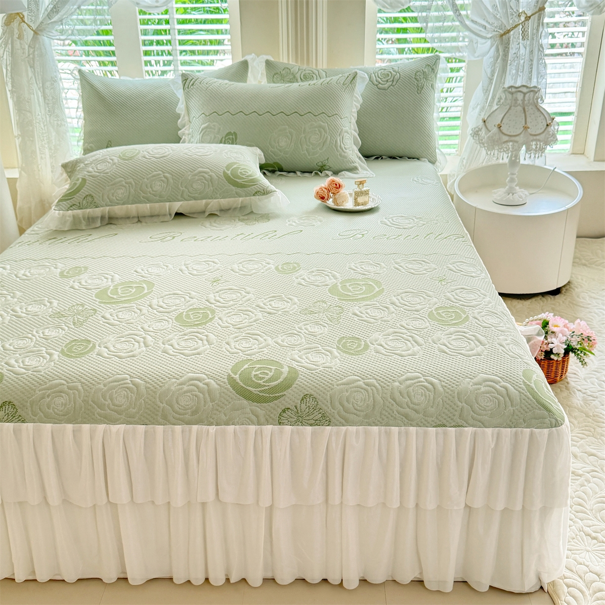 91家纺网 家纺一手货源 找家纺 绒棉世家 2026新款A类凉感豆豆席三件套床裙款软席子 花韵-清新绿