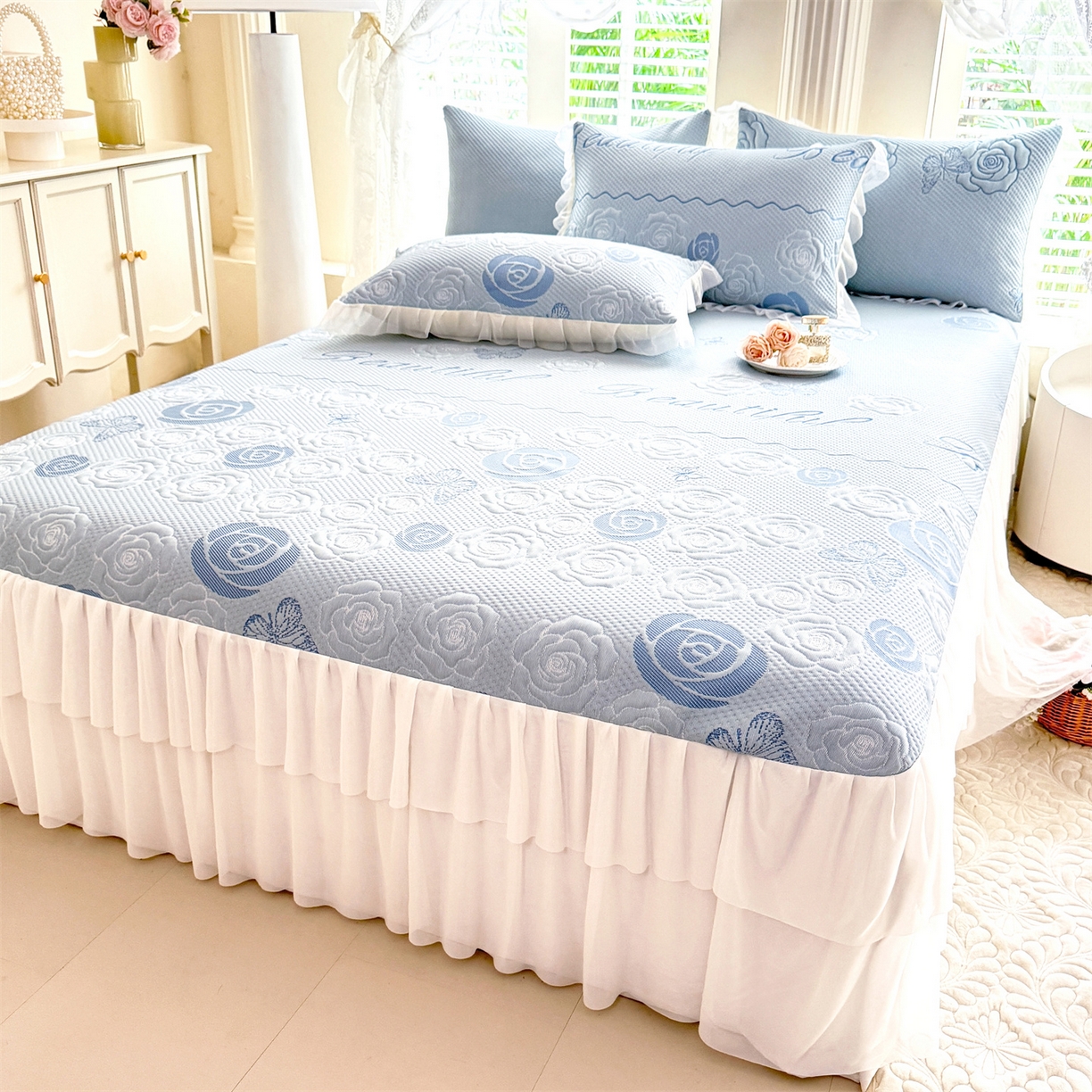 绒棉世家 2026新款A类凉感豆豆席三件套床裙款软席子 花韵-天蓝