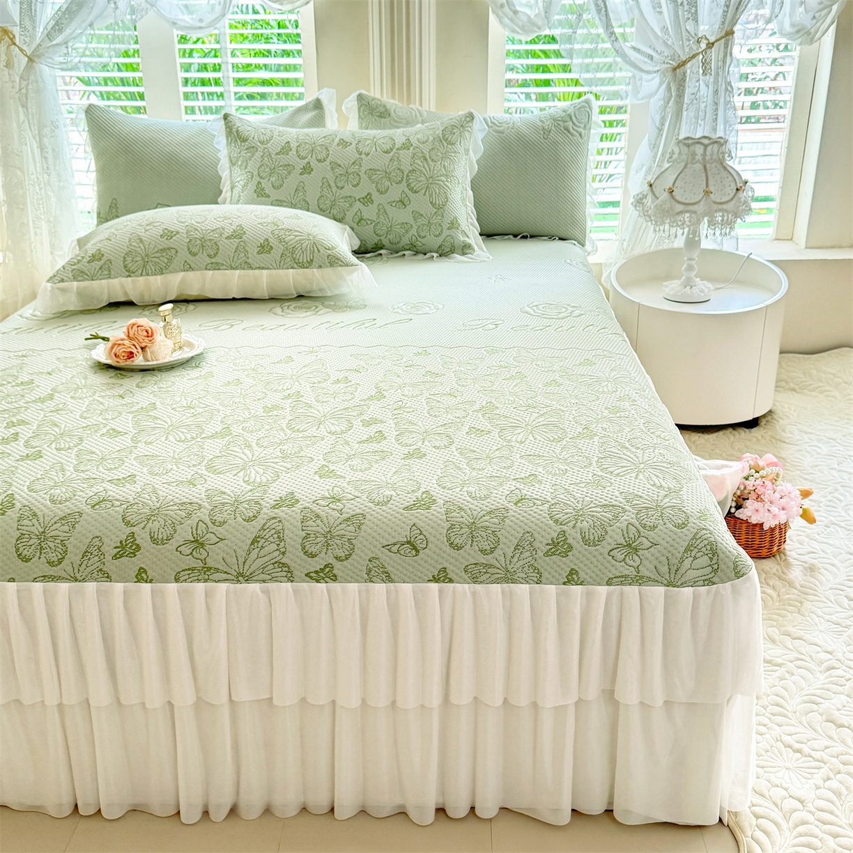 91家纺网 家纺一手货源 找家纺 绒棉世家 2026新款A类凉感豆豆席三件套床裙款软席子 蝶舞-清新绿