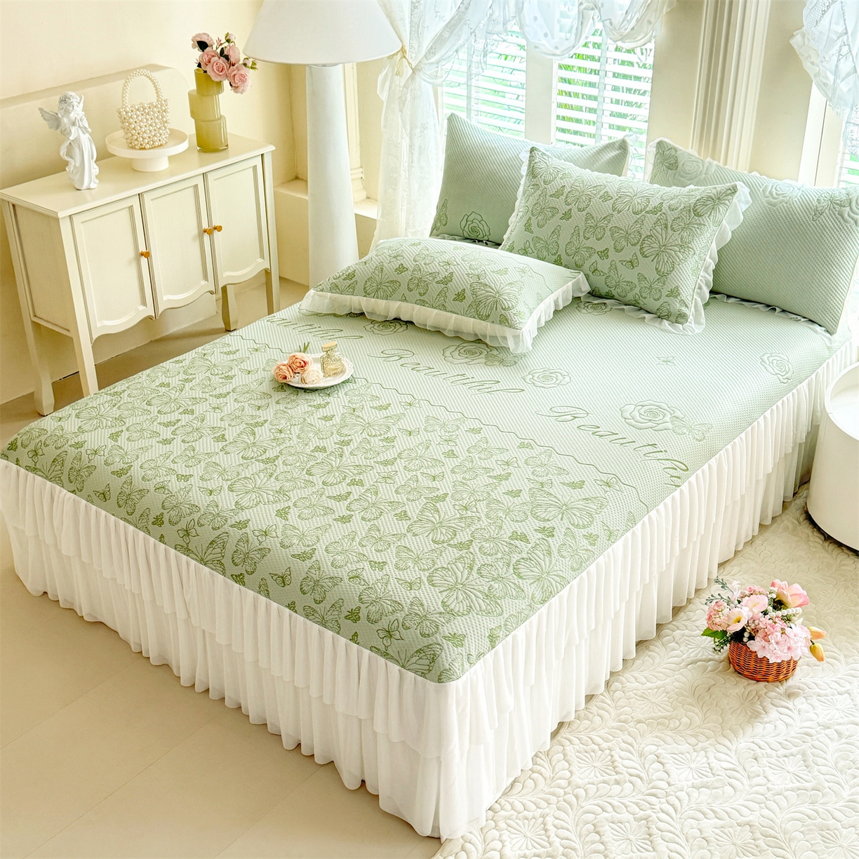 91家纺网 家纺一手货源 找家纺 （总）绒棉世家 2026新款A类凉感豆豆席三件套床裙款软席子