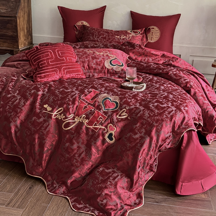 91家纺网 家纺一手货源 找家纺 甜咪咪婚庆 2026春夏新款大提花婚庆结婚四件套多件套床单床笠款 红妆