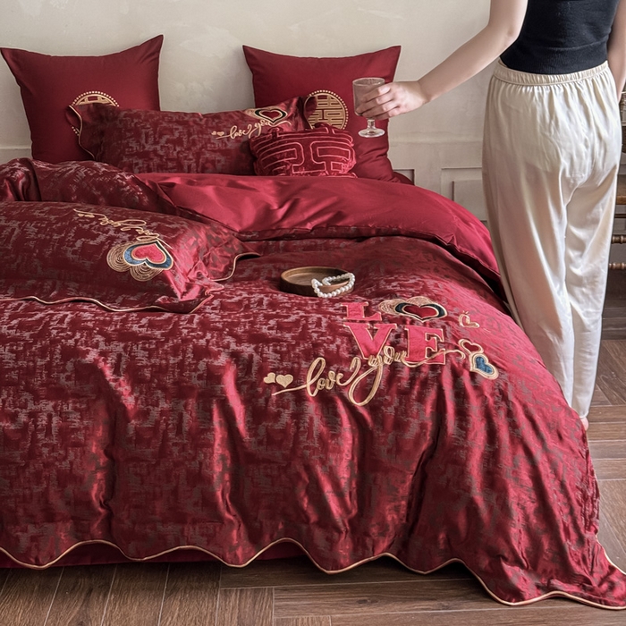 91家纺网 家纺一手货源 找家纺 甜咪咪婚庆 2026春夏新款大提花婚庆结婚四件套多件套床单床笠款 红妆