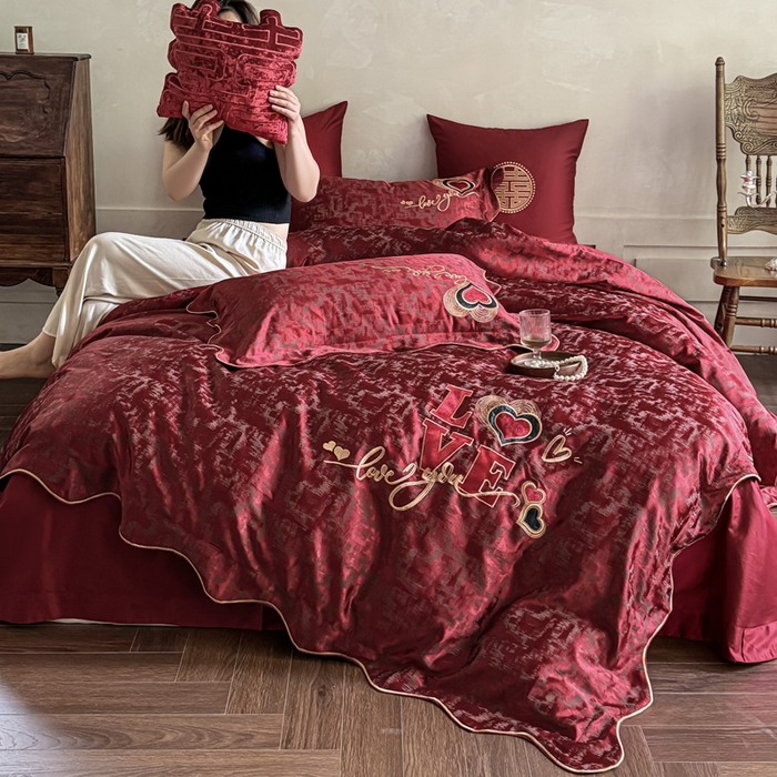 91家纺网 家纺一手货源 找家纺 甜咪咪婚庆 2026春夏新款大提花婚庆结婚四件套多件套床单床笠款 红妆