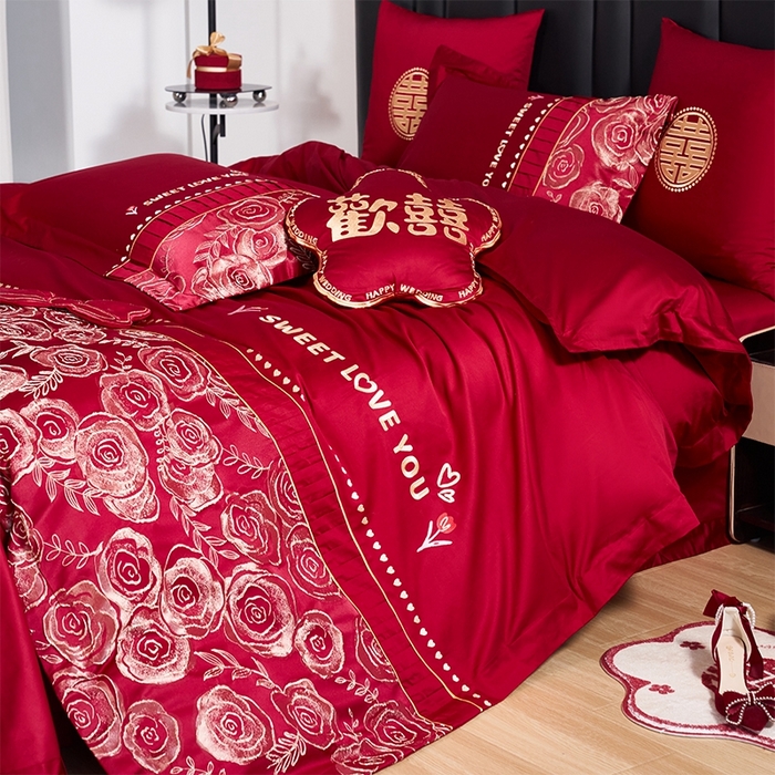 91家纺网 家纺一手货源 找家纺 甜咪咪婚庆 2026春夏新款大提花婚庆结婚四件套多件套床单床笠款 国色