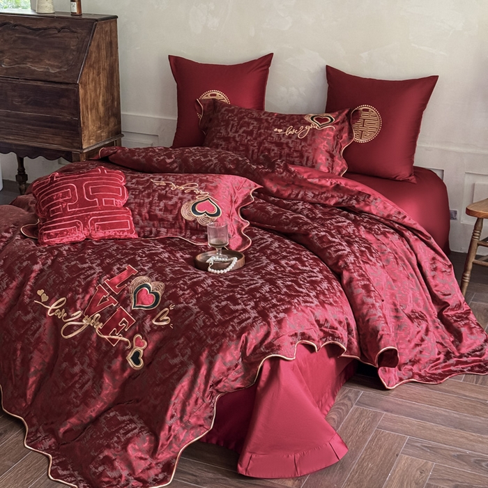 91家纺网 家纺一手货源 找家纺 甜咪咪婚庆 2026春夏新款大提花婚庆结婚四件套多件套床单床笠款 红妆