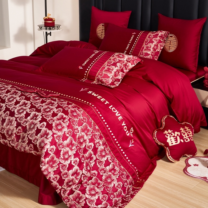 91家纺网 家纺一手货源 找家纺 甜咪咪婚庆 2026春夏新款大提花婚庆结婚四件套多件套床单床笠款 添香