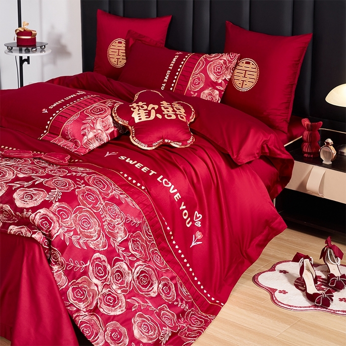 91家纺网 家纺一手货源 找家纺 甜咪咪婚庆 2026春夏新款大提花婚庆结婚四件套多件套床单床笠款 国色