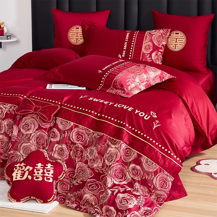 91家纺网 家纺一手货源 找家纺 甜咪咪婚庆 2026春夏新款大提花婚庆结婚四件套多件套床单床笠款 国色