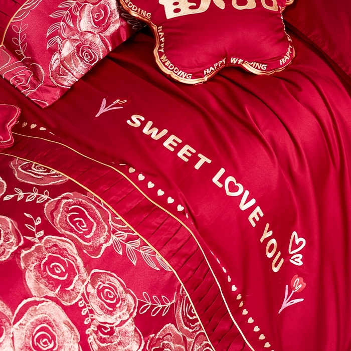 91家纺网 家纺一手货源 找家纺 甜咪咪婚庆 2026春夏新款大提花婚庆结婚四件套多件套床单床笠款 国色