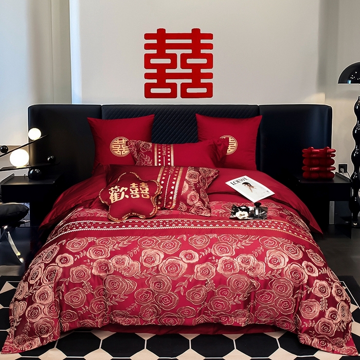 91家纺网 家纺一手货源 找家纺 甜咪咪婚庆 2026春夏新款大提花婚庆结婚四件套多件套床单床笠款 相依