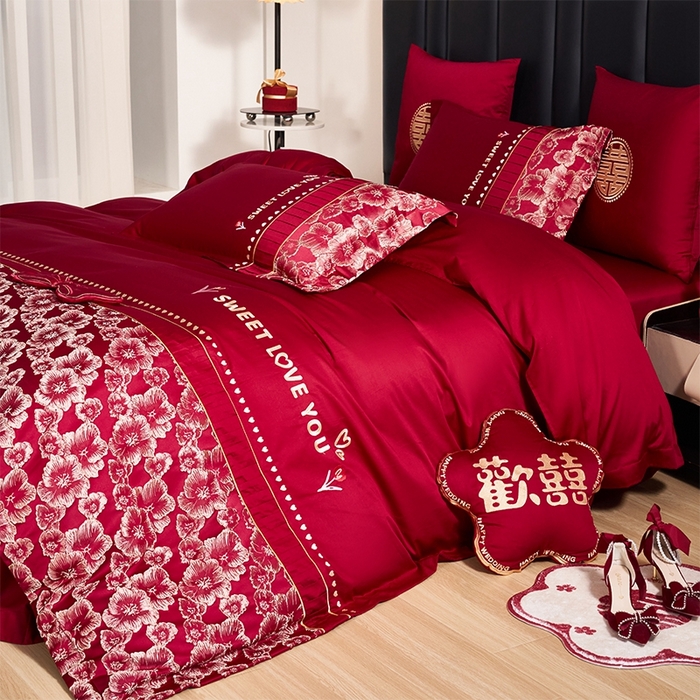 91家纺网 家纺一手货源 找家纺 甜咪咪婚庆 2026春夏新款大提花婚庆结婚四件套多件套床单床笠款 添香