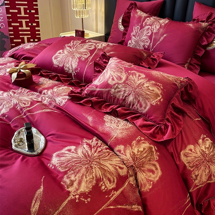 91家纺网 家纺一手货源 找家纺 甜咪咪婚庆 2026春夏新款大提花婚庆结婚四件套多件套床单床笠款 醉玲珑