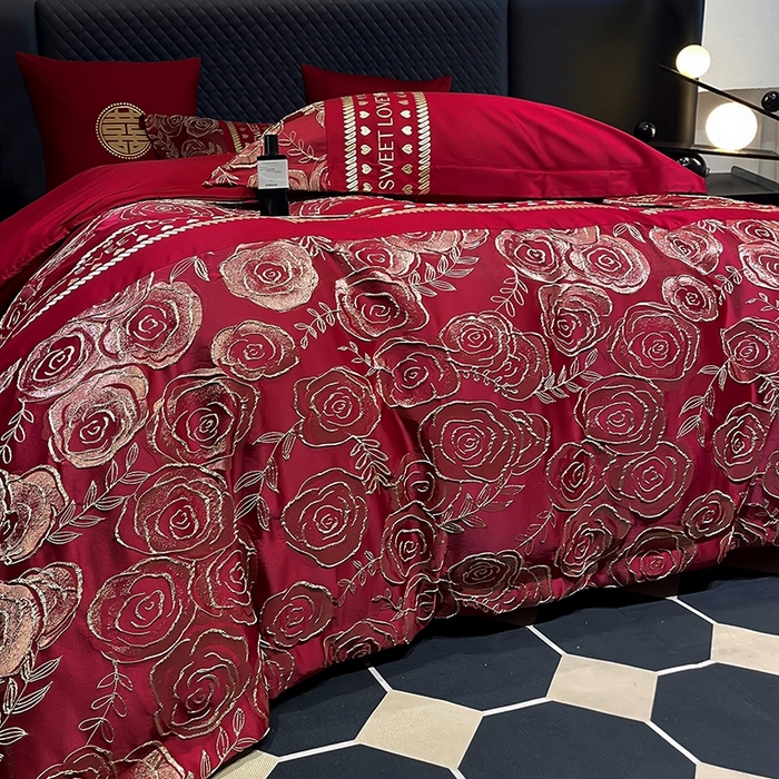 91家纺网 家纺一手货源 找家纺 甜咪咪婚庆 2026春夏新款大提花婚庆结婚四件套多件套床单床笠款 相依