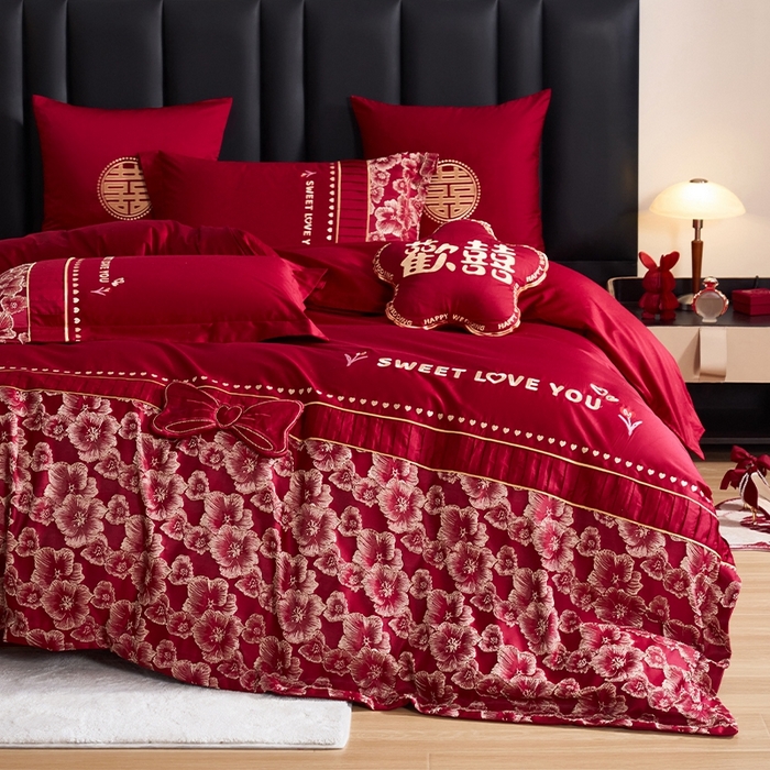 91家纺网 家纺一手货源 找家纺 甜咪咪婚庆 2026春夏新款大提花婚庆结婚四件套多件套床单床笠款 添香