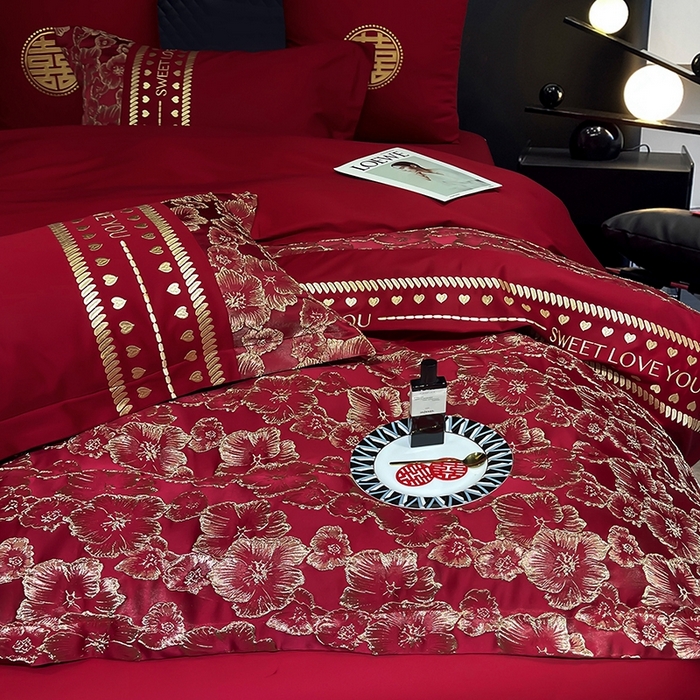 91家纺网 家纺一手货源 找家纺 甜咪咪婚庆 2026春夏新款大提花婚庆结婚四件套多件套床单床笠款 相守