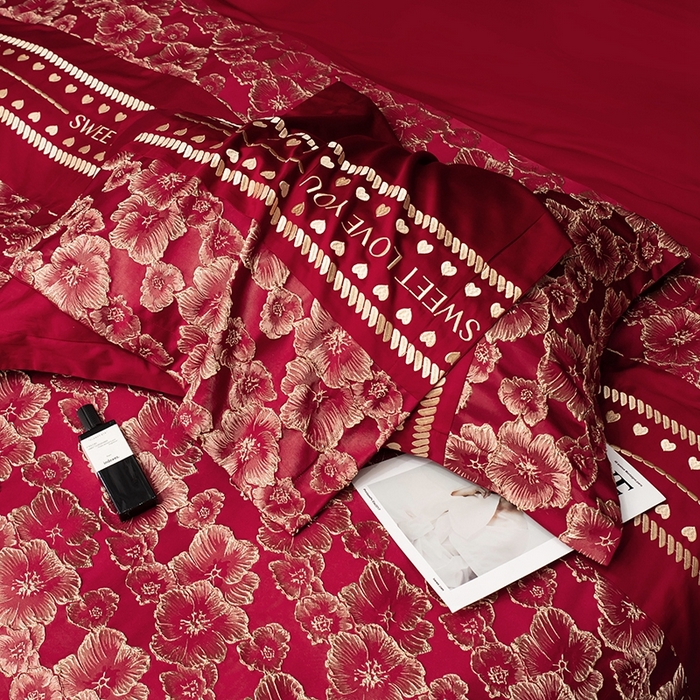 91家纺网 家纺一手货源 找家纺 甜咪咪婚庆 2026春夏新款大提花婚庆结婚四件套多件套床单床笠款 相守