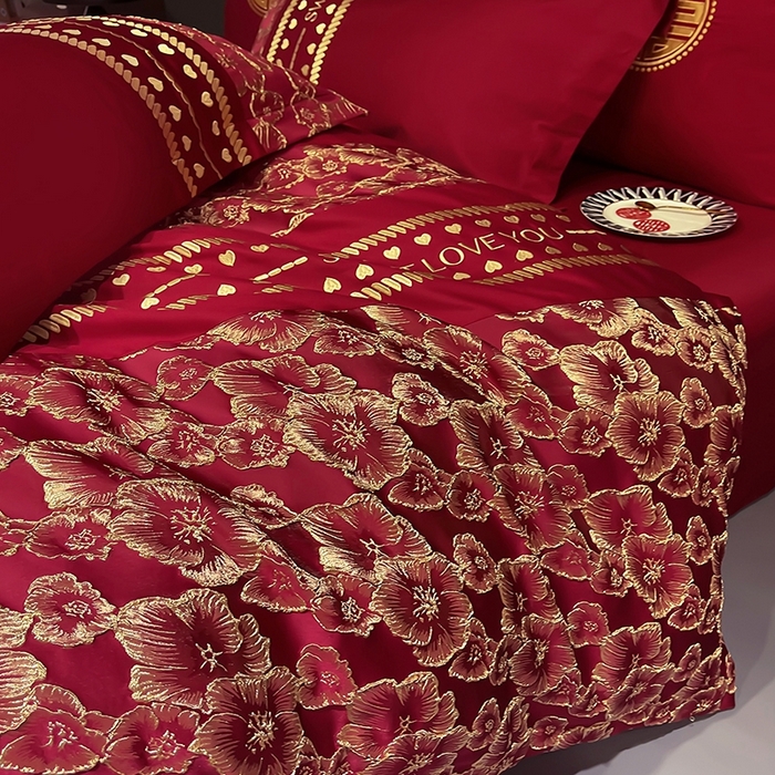 91家纺网 家纺一手货源 找家纺 甜咪咪婚庆 2026春夏新款大提花婚庆结婚四件套多件套床单床笠款 相守