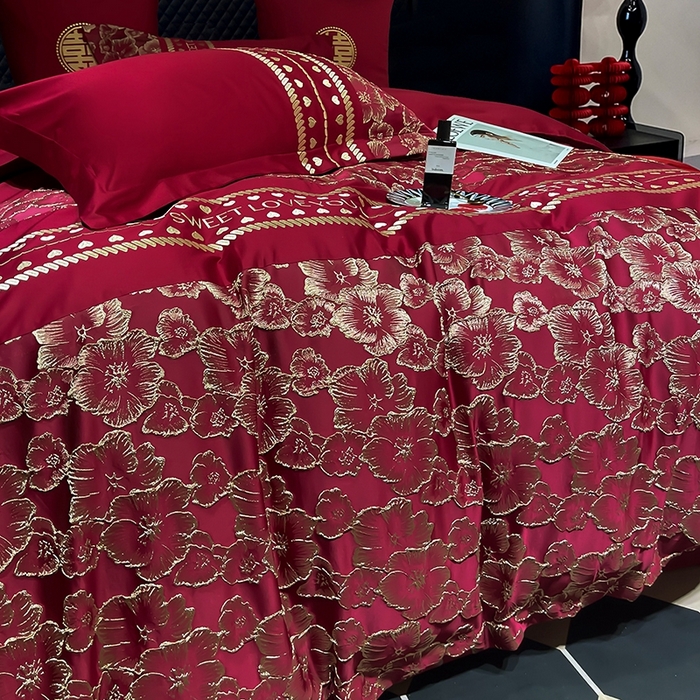 91家纺网 家纺一手货源 找家纺 甜咪咪婚庆 2026春夏新款大提花婚庆结婚四件套多件套床单床笠款 相守