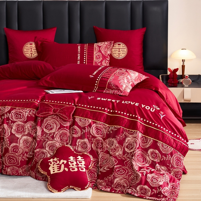 91家纺网 家纺一手货源 找家纺 甜咪咪婚庆 2026春夏新款大提花婚庆结婚四件套多件套床单床笠款 国色