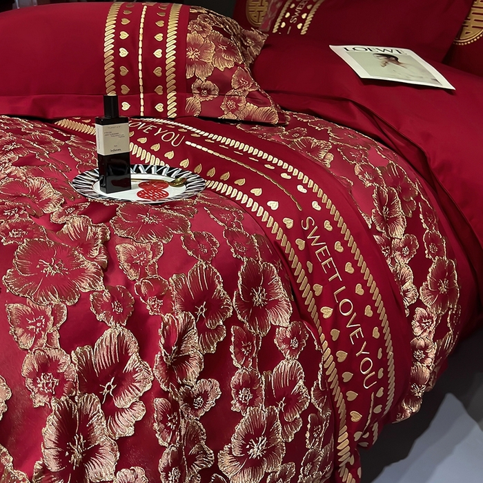 91家纺网 家纺一手货源 找家纺 甜咪咪婚庆 2026春夏新款大提花婚庆结婚四件套多件套床单床笠款 相守