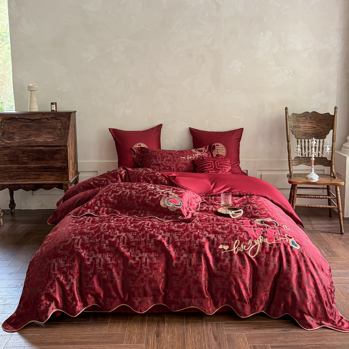 甜咪咪婚庆 2026春夏新款大提花婚庆结婚四件套多件套床单床笠款 红妆