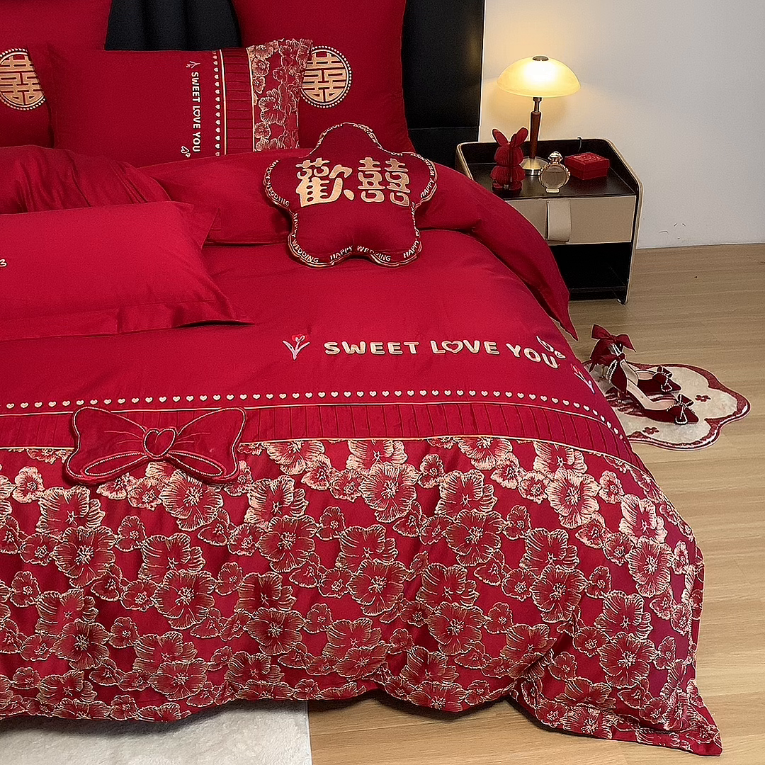 91家纺网 家纺一手货源 找家纺 甜咪咪婚庆 2026春夏新款大提花婚庆结婚四件套多件套床单床笠款 添香