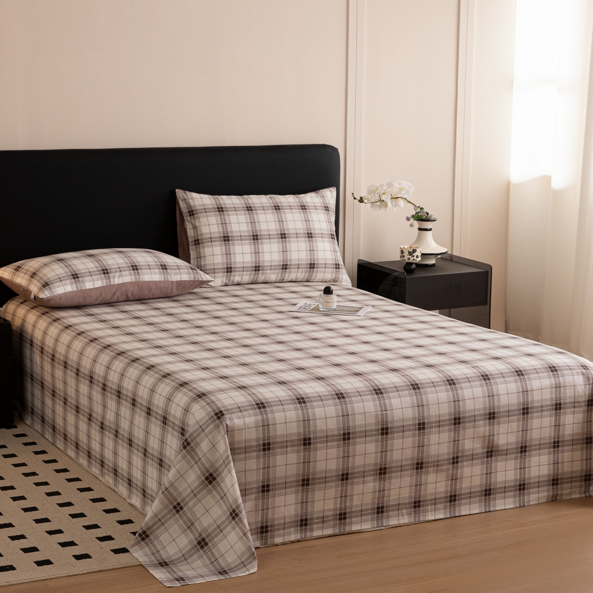 91家纺网 家纺一手货源 找家纺 女子家纺 2026新款40支13070全棉纯棉简约格子A版单床单床单单件 英伦-棕咖