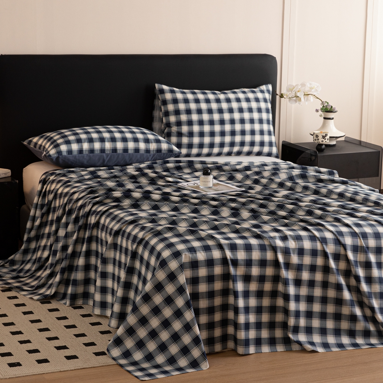 91家纺网 家纺一手货源 找家纺 女子家纺 2026新款40支13070全棉纯棉简约格子A版单床单床单单件 藏青学院