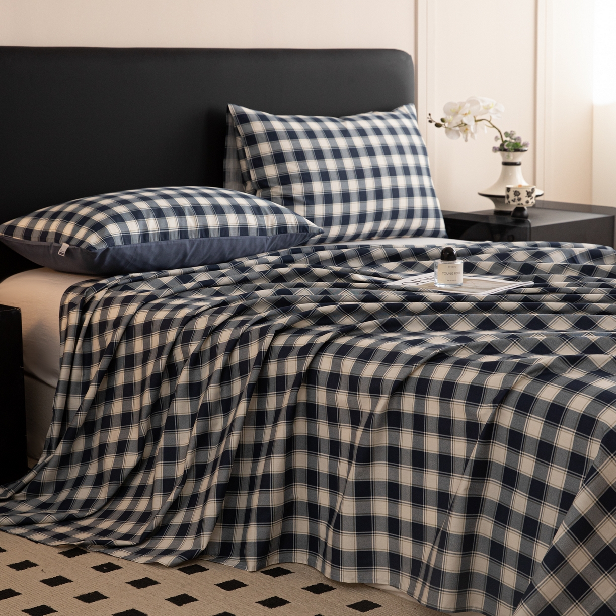 91家纺网 家纺一手货源 找家纺 女子家纺 2026新款40支13070全棉纯棉简约格子A版单床单床单单件 藏青学院