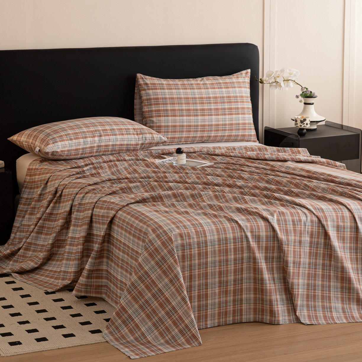 91家纺网 家纺一手货源 找家纺 女子家纺 2026新款40支13070全棉纯棉简约格子A版单床单床单单件 赤茶格