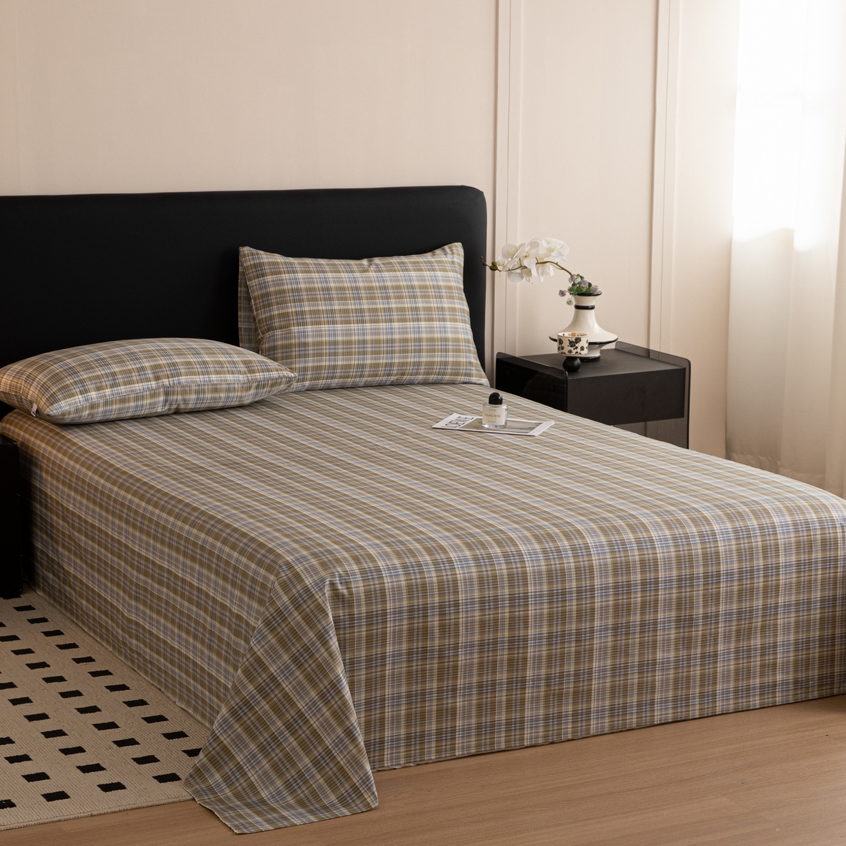 91家纺网 家纺一手货源 找家纺 女子家纺 2026新款40支13070全棉纯棉简约格子A版单床单床单单件 抹茶格