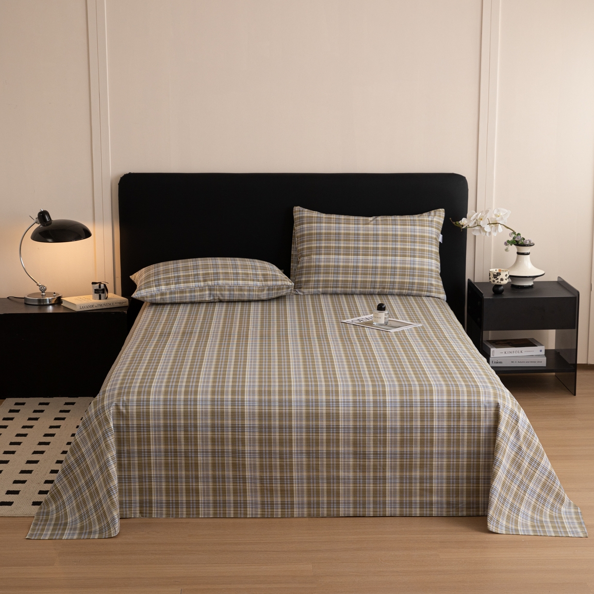 91家纺网 家纺一手货源 找家纺 女子家纺 2026新款40支13070全棉纯棉简约格子A版单床单床单单件 抹茶格