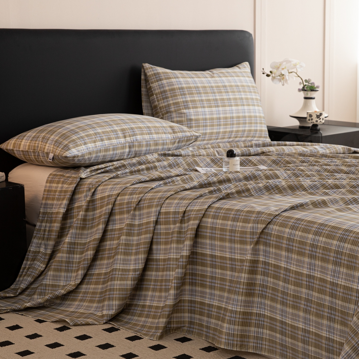 91家纺网 家纺一手货源 找家纺 女子家纺 2026新款40支13070全棉纯棉简约格子A版单床单床单单件 抹茶格